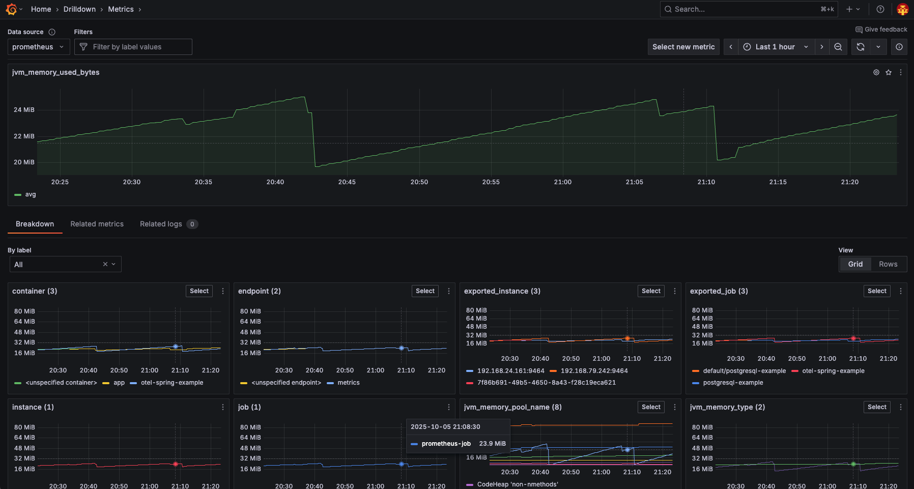 grafana drilldown metrics jvm memory