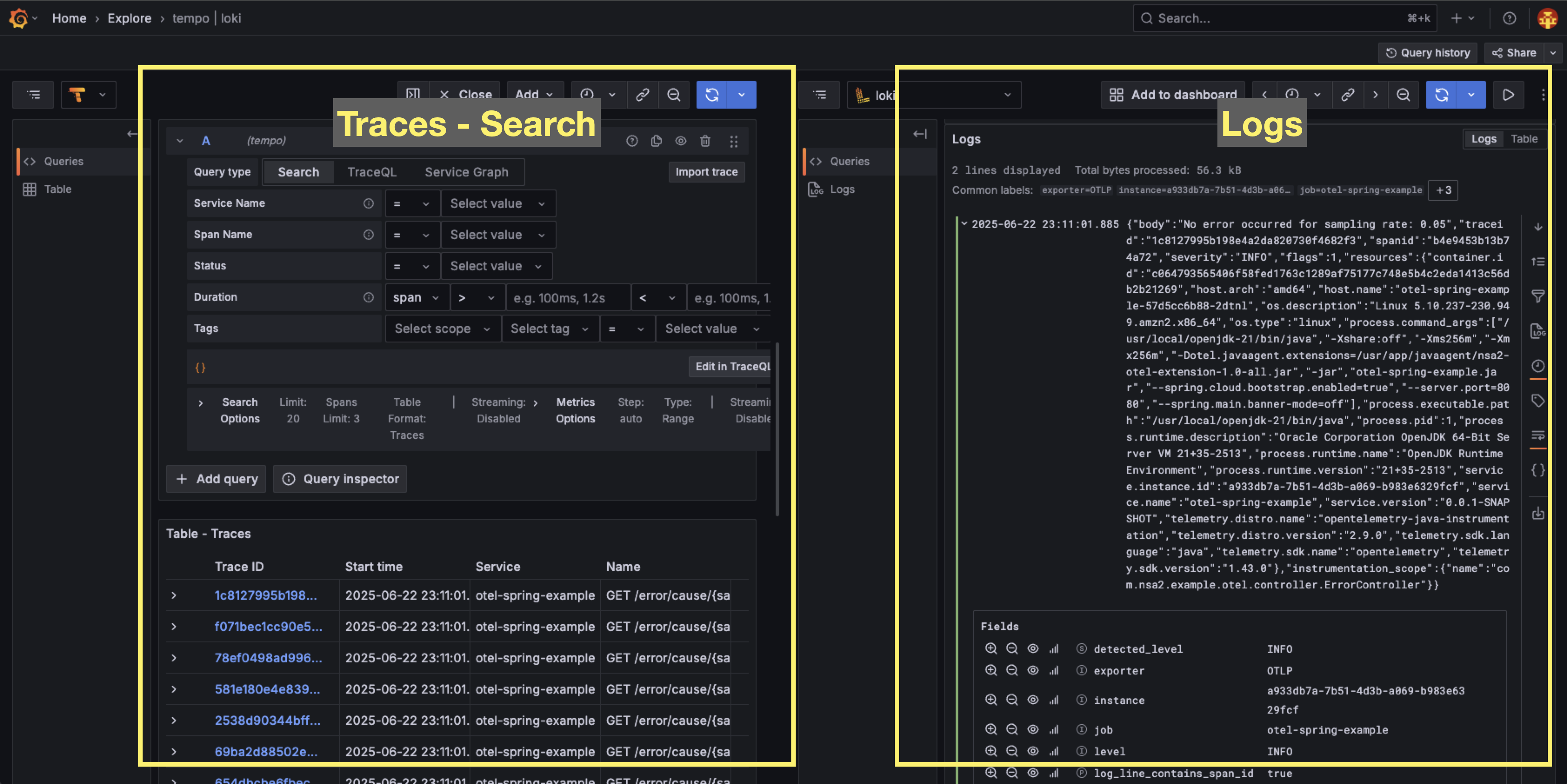 grafana traces logs