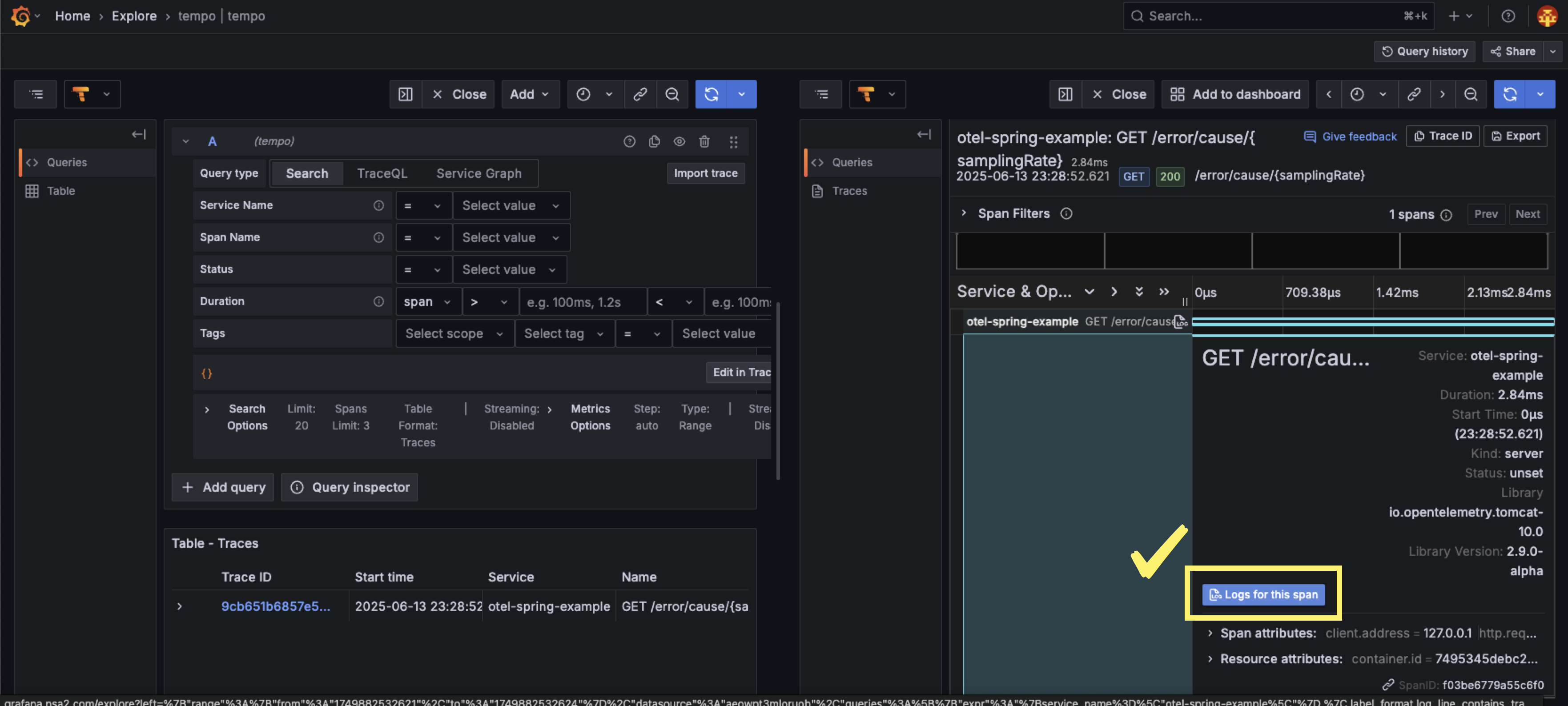 grafana logs for this span