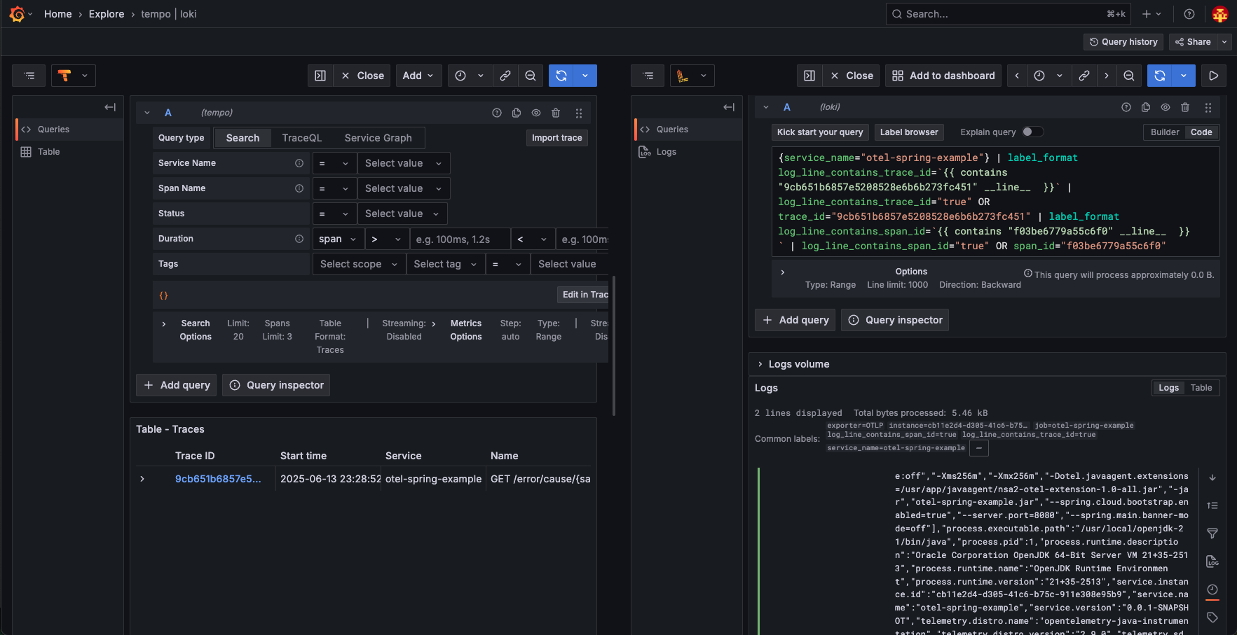 grafana traces and logs