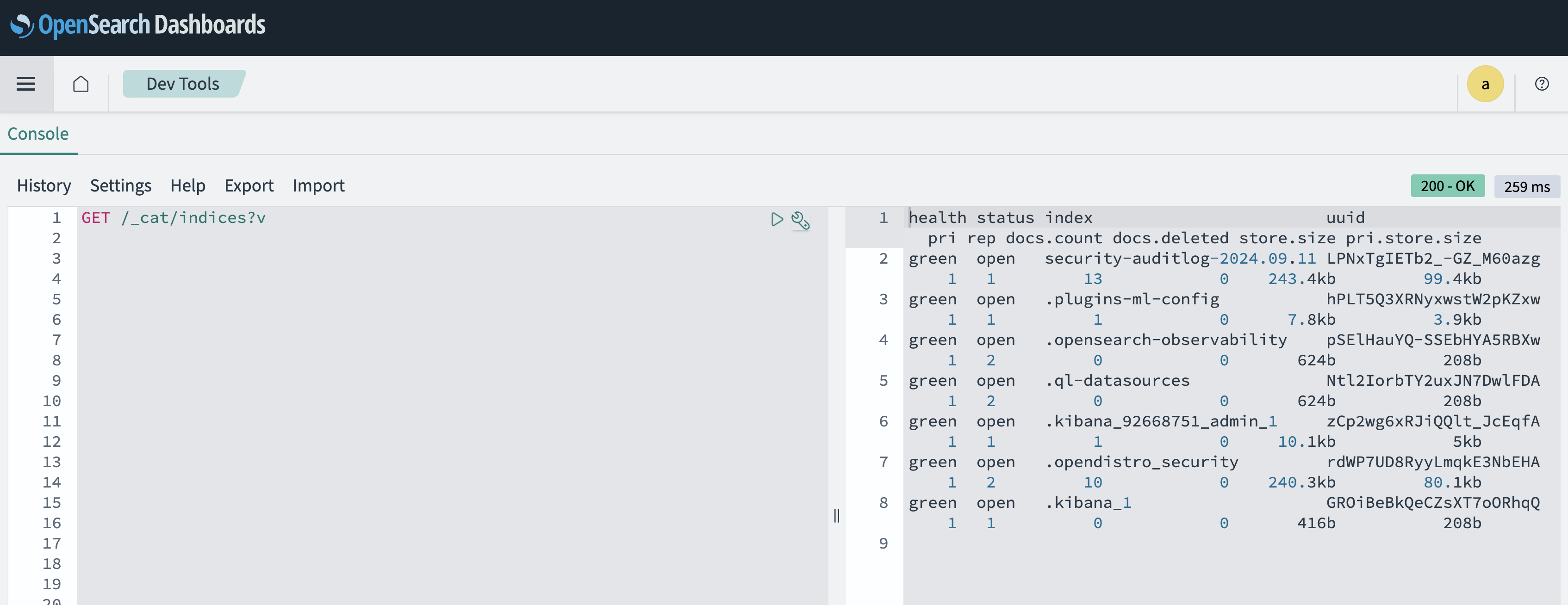 dashboards devtool indices