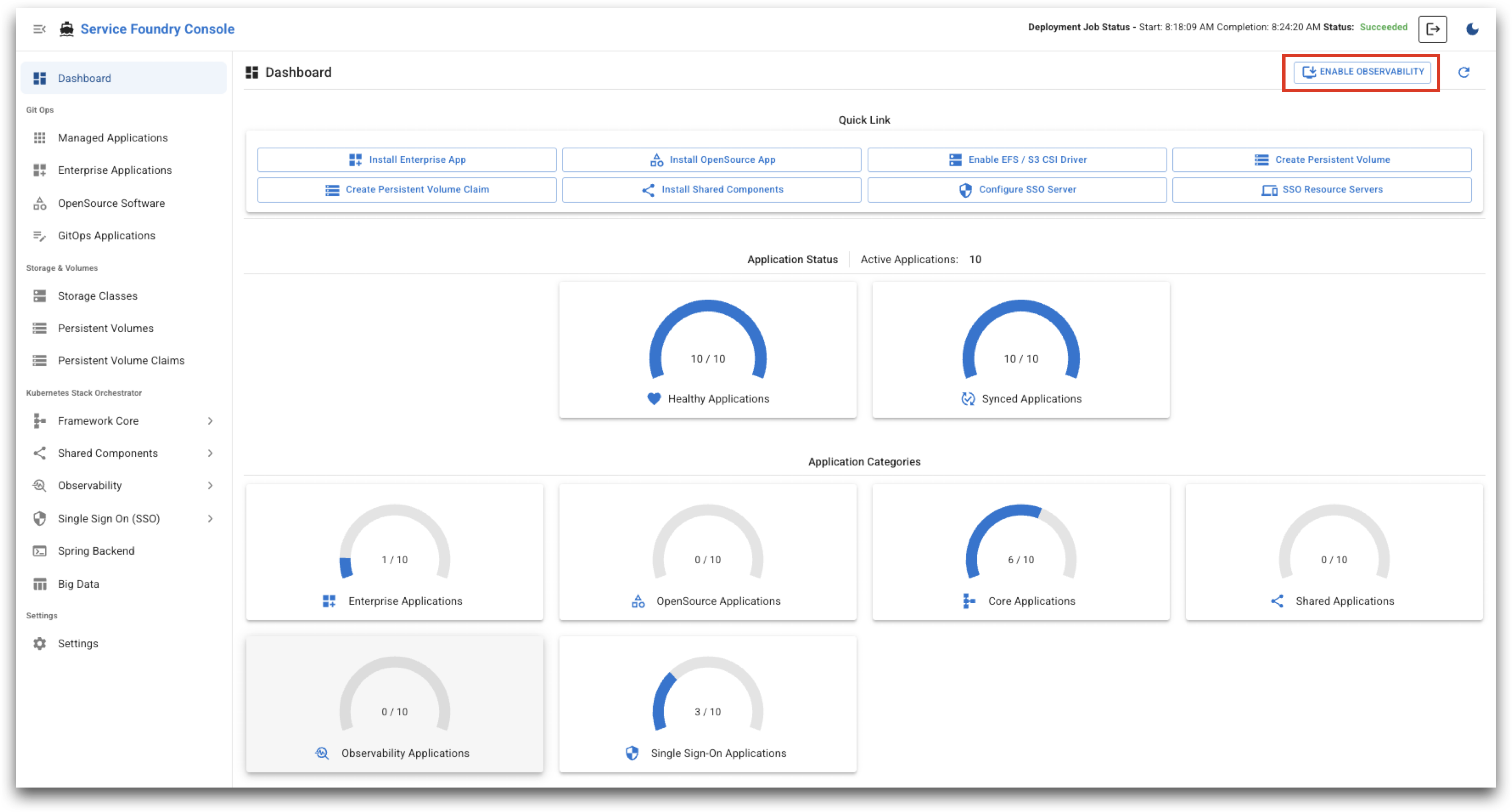 console dashboard enable o11y