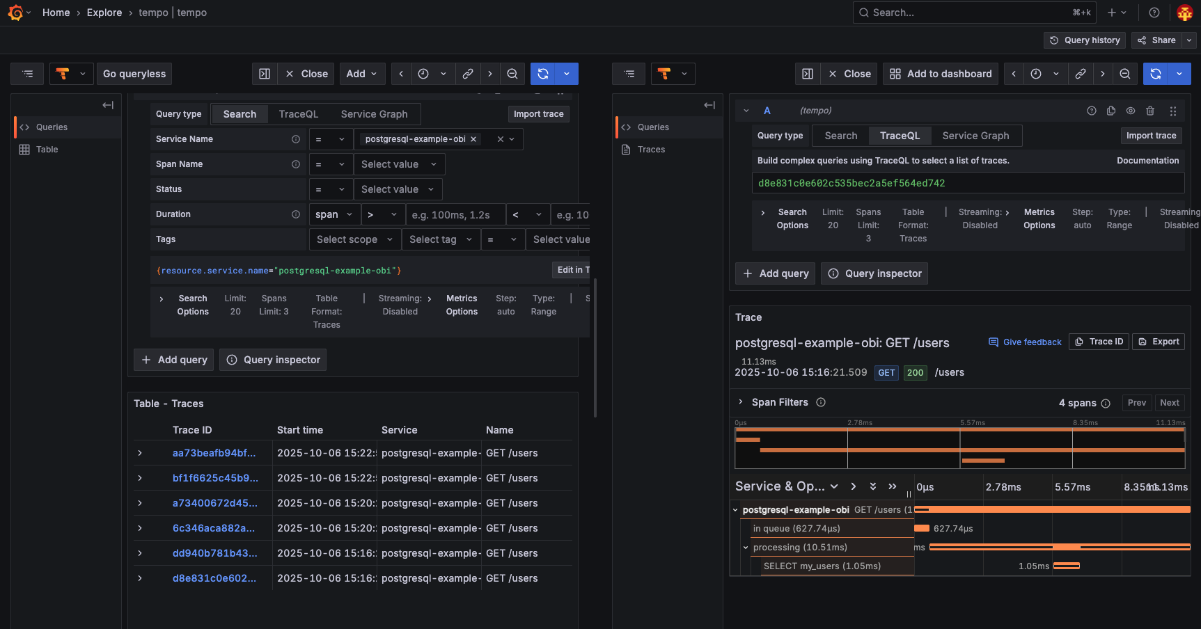 grafana tempo postgresql example obi