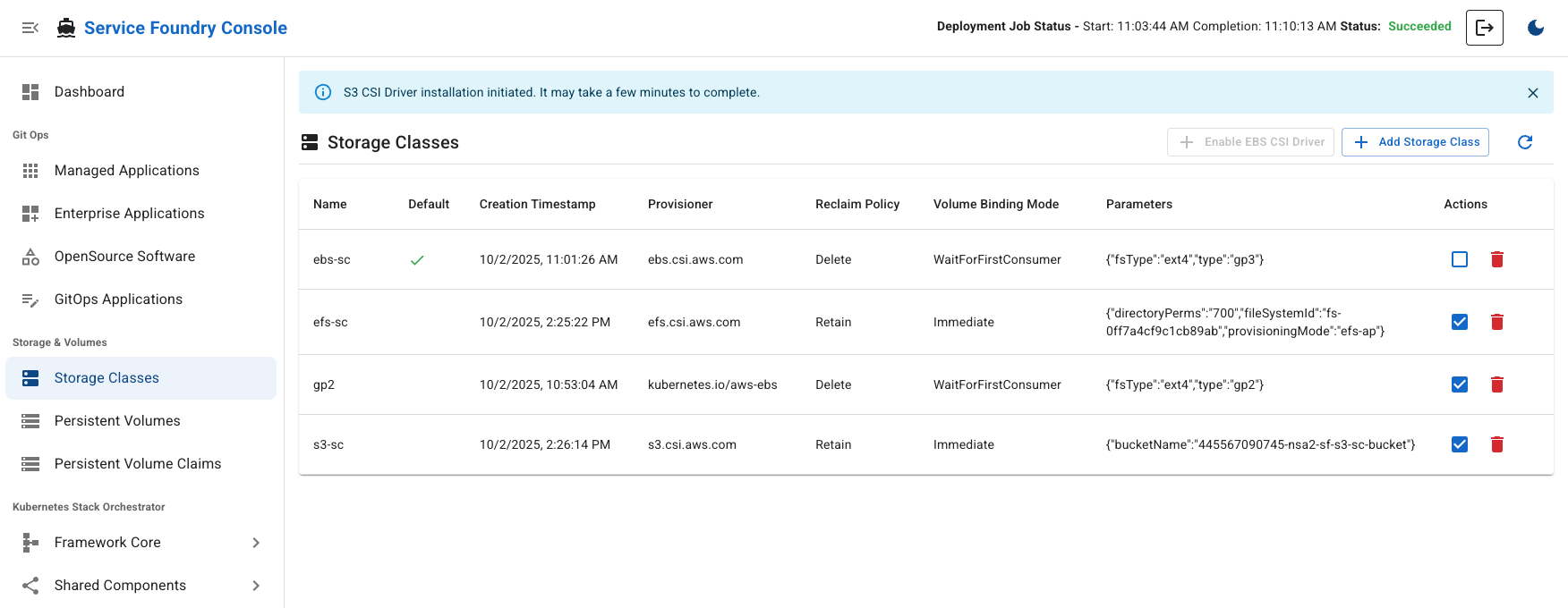 console storage classes enabled