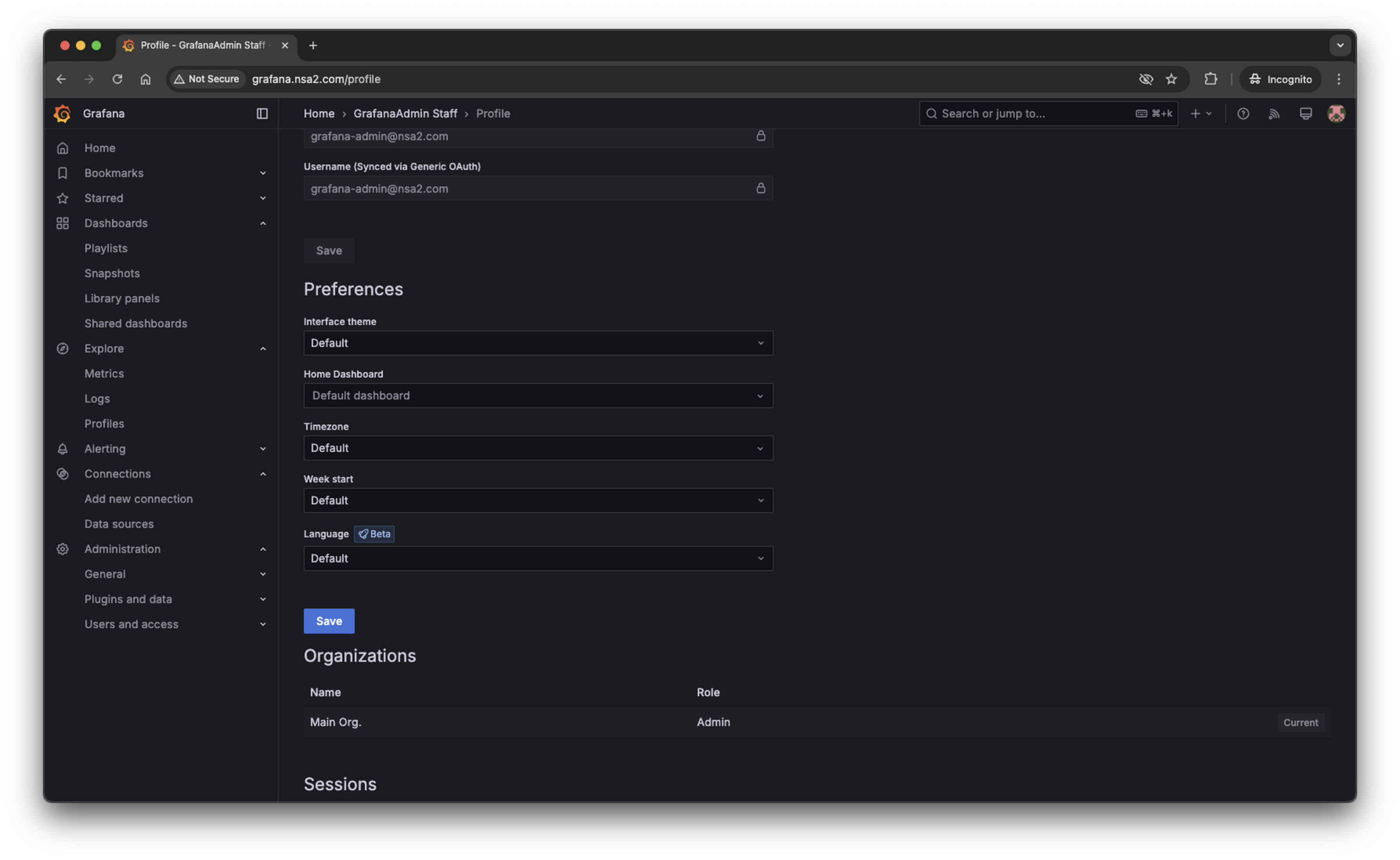 grafana profile admin