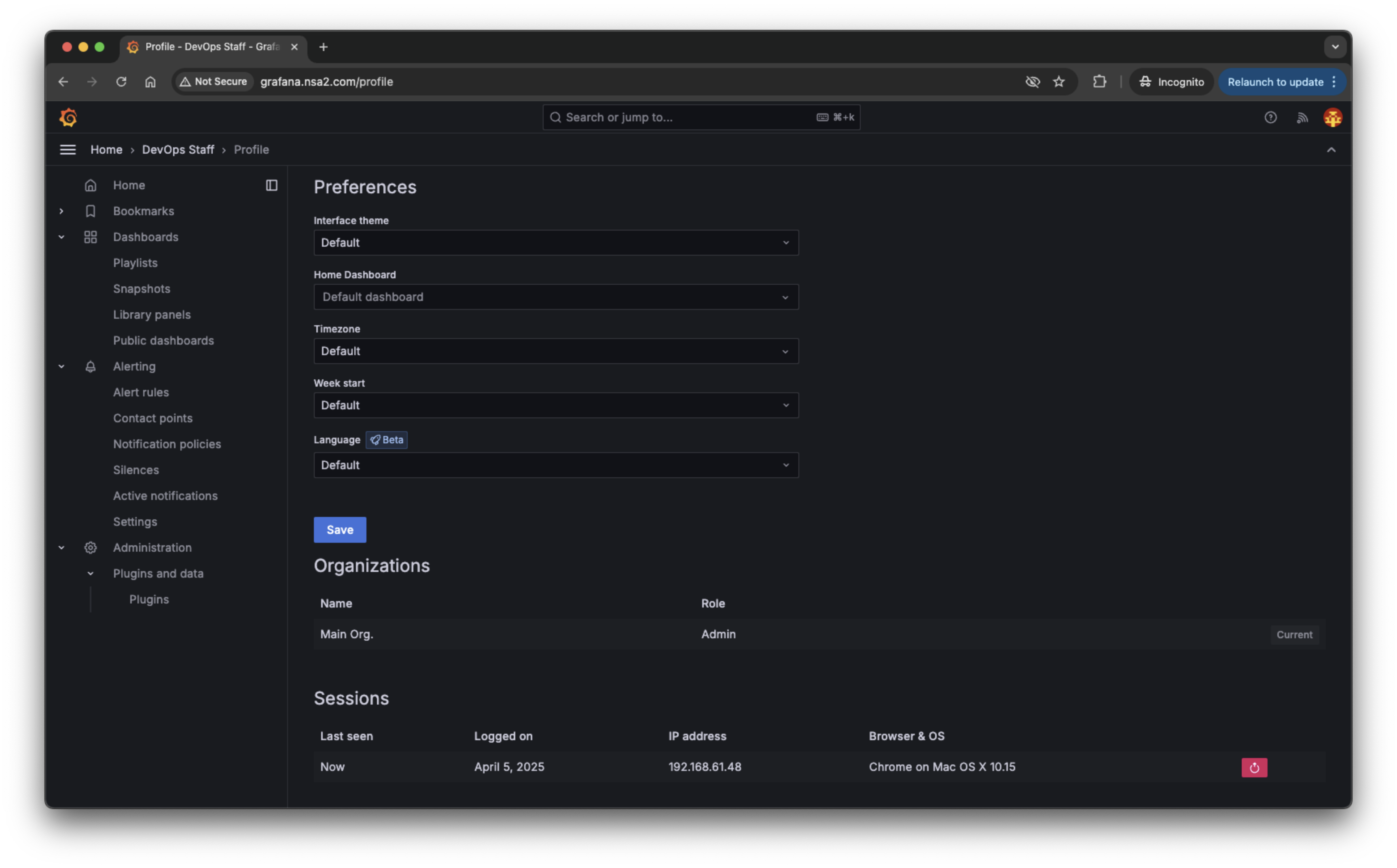 grafana admin profile